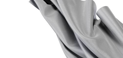 Close-up of elegant silver fabric flowing, emphasizing texture and form, set against a pristine white background. Perfec