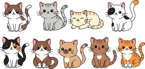 Obraz premium Cute cartoon cat vector illustration set with different breeds, colors and sitting poses in kawaii style