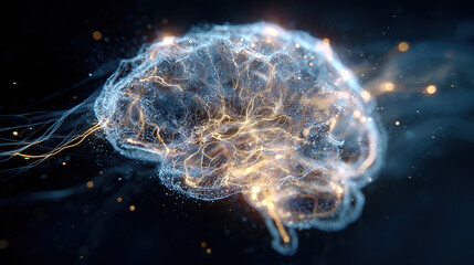 An abstract visualization of a human brain silhouette with intricate, glowing neural pathways on a dark cosmic background.
