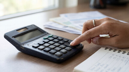 Person using calculator and taking notes for personal budget planning with financial documents on wooden desk in natural light