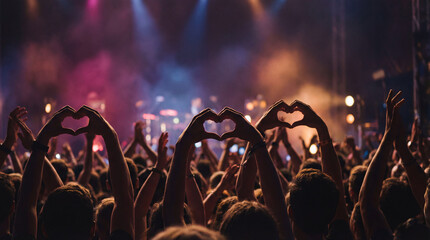 Excited crowd at night concert raising hands in heart shapes toward colorful stage lights and energetic live music performance