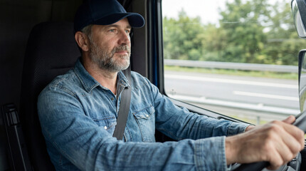 middle aged male truck driver focused on highway driving in daytime, wearing denim shirt and cap inside modern commercial vehicle