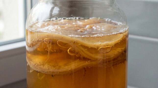 Fermenting kombucha tea in glass jar with healthy scoby culture and air bubbles near kitchen window on white tiled background