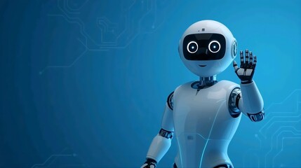 Friendly AI Robot Character Waving Hand for Customer Support and Virtual Assistant Concept