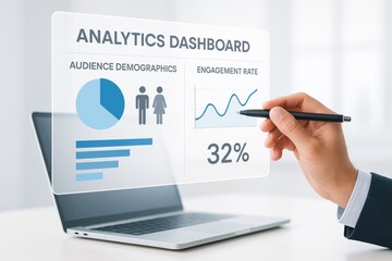 Business analyst reviewing analytics dashboard highlighting audience demographics and engagement trends. Concept of data analysis, digital marketing, and strategic decision-making.