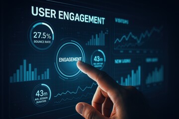 Business analyst engaging with interactive dashboard displaying user engagement metrics, focusing on data-driven decision-making and performance analysis in digital marketing.