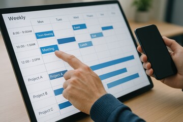Individual organizing weekly schedule on a digital tablet, managing meetings and projects efficiently. Concept of productivity, time management, and digital planning.