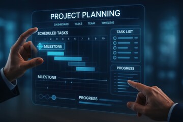 Business professional engaging with a digital project planning interface, focusing on task scheduling and milestone tracking. Concept of modern project management and teamwork efficiency.