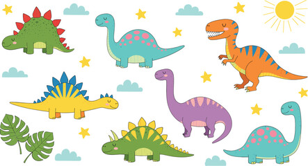 Cute dinosaur vector illustration set with colorful prehistoric animals, stars and clouds in playful cartoon style © Sumon Creative