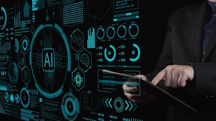 A professional engages with a sophisticated AI interface display, showcasing dynamic data visualization and modern analytics. A streamlined design represents innovation and technology. Cipher