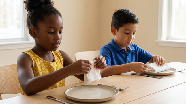 focused children learning table manners as they carefully fold napkins at a dining table in a bright home setting