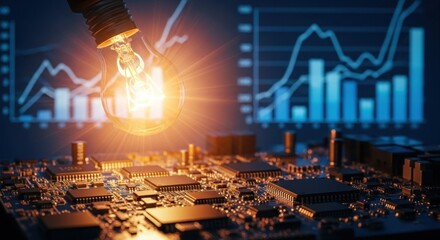A light bulb emitting light over a computer circuit board with a glowing blue and white graph in the background.