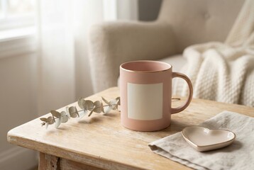 Pink ceramic mug with a blank rectangular print area on a wooden table near a dry eucalyptus branch, accompanied by a beige heart-shaped dish and placed in a cozy sunlit room