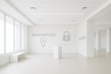 Fototapeta premium Modern minimalist office interior with concepts of innovation and security displayed prominently on white walls. Emphasis on creativity and safety in the workspace.