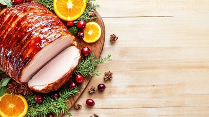 Roasted Ham Garnished: A mouthwatering roasted ham is artfully garnished with vibrant orange slices, fresh cranberries, and fragrant herbs, inviting the senses and celebrating culinary excellence.
