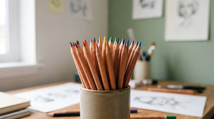 Colorful wooden pencils arranged in a cup on a creative artist desk with sketch drawings in a bright home studio workspace