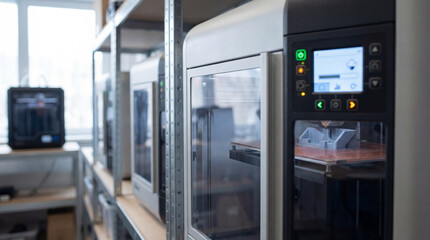 Modern industrial workspace with multiple printers operating on metal shelving racks near large bright windows