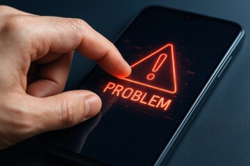 Close-up of a hand pressing a smartphone screen displaying an alert for a problem, symbolizing technology issues, user experience, and digital challenges in modern communication.