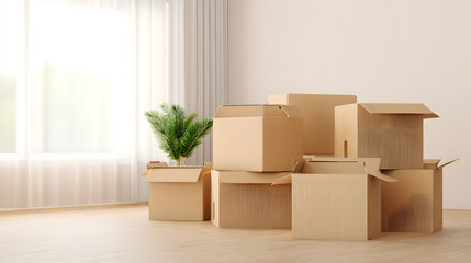 Moving day with boxes stacked in a bright room with a plant near the window in a warm setting during daytime
