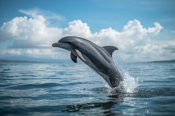 Obraz premium Dolphin leaping out of the ocean with sleek gray skin and prominent dorsal fin in a sunny day