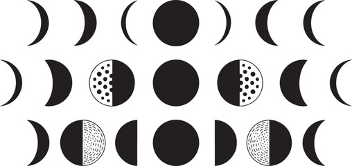 Fototapeta premium Moon Phases Vector Art – Minimalist Black and White Design – Lunar Icon Set – Digital Download for Posters, Wall Art, and Crafts