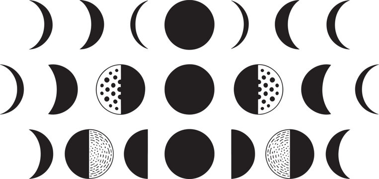 Moon Phases Vector Art &ndash; Minimalist Black and White Design &ndash; Lunar Icon Set &ndash; Digital Download for Posters, Wall Art, and Crafts