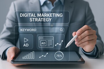 Professional analyzing digital marketing strategy on tablet, integrating data visualization and analytics tools. Concept of modern advertising techniques and strategic planning.