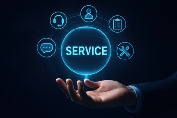 Hand presenting digital service icons, symbolizing customer support and communication in a technology-driven landscape. Concept of service excellence and modern business solutions.