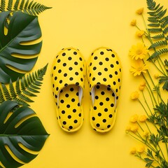 Yellow polka dot slippers with tropical flowers