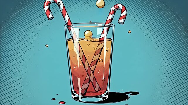 Animated pop art Christmas festive drink with candy canes  