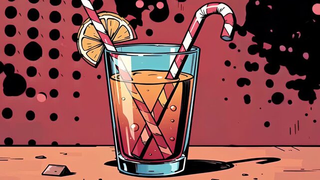 Animated pop art Christmas festive drink in glass with straws  