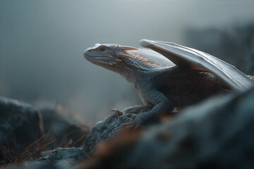 Fantasy dragon creature emerging from mist or fog on a rocky terrain with its wing in focus. Appreciate a Dragon Day celebration.