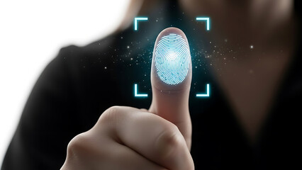 Closeup of finger with fingerprint scan on white background