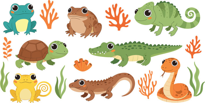Cute reptiles and amphibians vector illustration set with frog, turtle, crocodile, chameleon, lizard and snake