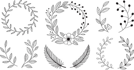 Fototapeta premium Hand-Drawn Botanical Vector Collection – Elegant Leaf and Flower Illustrations – Digital Clipart for Wedding Invitations, Branding & Crafts
