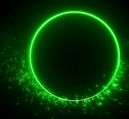  green circle with glowing particles it on a dark background