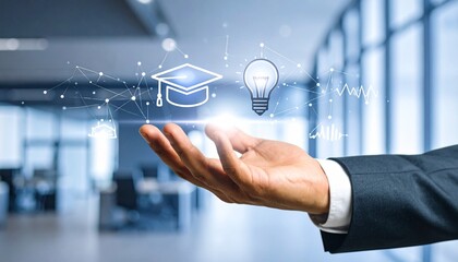 Businessperson presenting holographic icons of education and innovation in modern office.