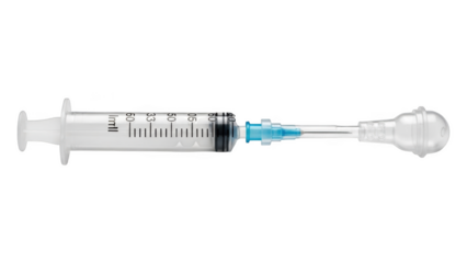 Clear syringe with blue hub and cap on black background