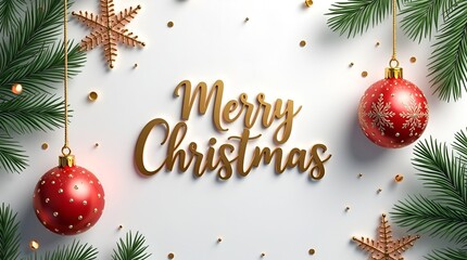 Festive Christmas 3D icon collection with metallic gold snowflakes, shiny red ornaments, evergreen fir branches, and sparkling confetti, clean vector design for Xmas pattern and gift card