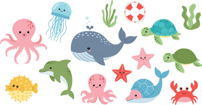 Cute sea animals vector illustration set with whale, dolphin, octopus, turtle and starfish in cartoon style
