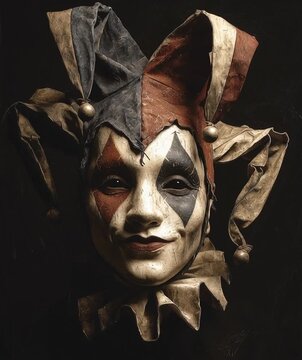 Dark dramatic portrait of a laughing jester wearing a vintage mask and costume. Horror concepts, theater posters, fantasy art, Halloween promotions, book covers, surreal visuals, or dramatic editorial