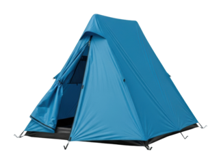 Camping adventure blue tent setup in nature environment isolated on transparent background