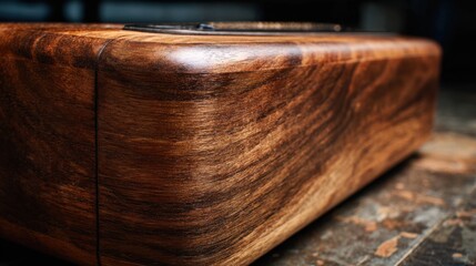 Medium shot of a stained wooden radio cover with a rich walnut finish emphasizing the smooth texture and natural wood grain contours.