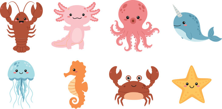 Cute sea animals vector illustration set with crab, octopus, narwhal, jellyfish, axolotl and starfish characters