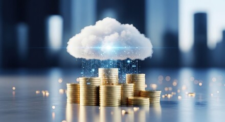 A stack of coins with a cloud and digital elements on top, set against a blurred cityscape background.