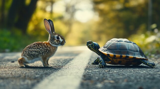 Rabbit, turtle, road, forest, competition, nature, fable, concept, illustration, marketing - Powered by Adobe