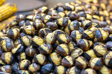 Close-Up of Roasted Chestnuts Street Food