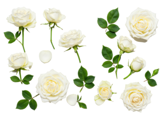 Diverse white roses, fully open and tightly furled buds, with green leaves on a transparent studio background, abundant copy space, bright high-key macro shot, timeless natural beauty concept