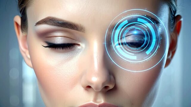 Futuristic eye scan technology with a woman, showing innovation and artificial intelligence visuals