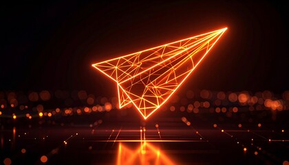 Digital wireframe paper airplane glowing in orange on dark particle background.